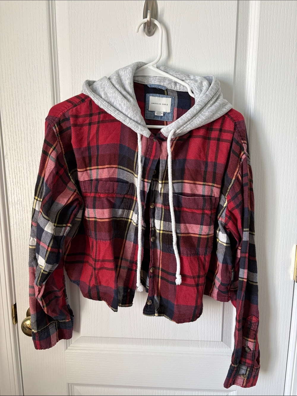 American Eagle Outfitters Cropped Red Plaid Hooded Utility Shirt with Gray Hood